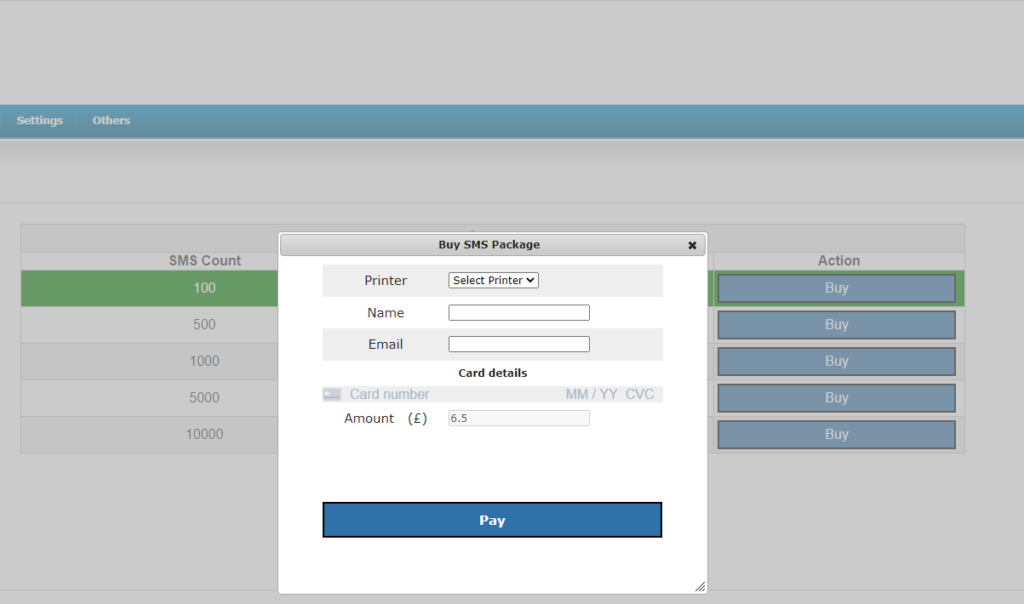 PrinterCo SMS Payment page