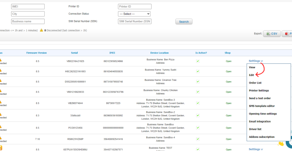 PrinterCo Printer lsit page edit